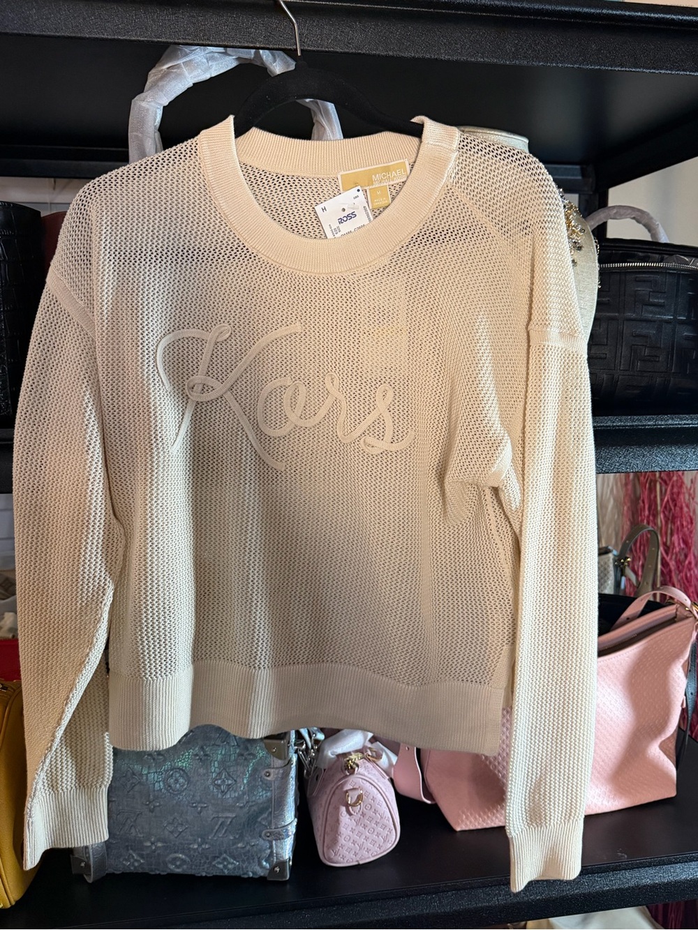 Michael Kors Cream Open-Knit Logo Crewneck Sweater